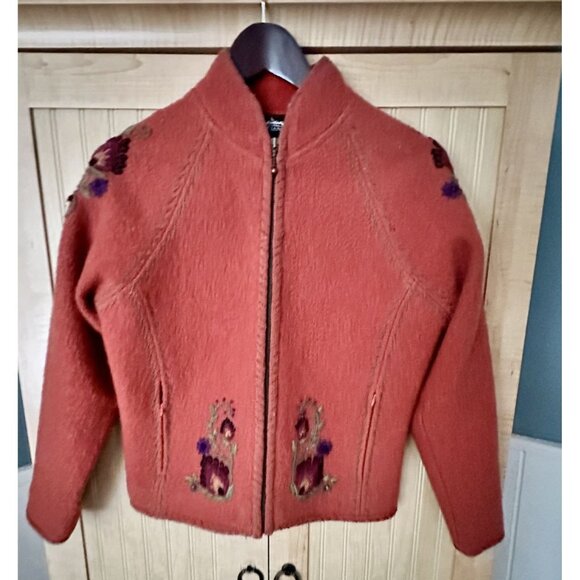 Icelandic Design Full Zip Long SLeeve Orange Floral Wool Jacket Women's Size S - Picture 6 of 7